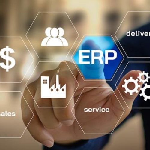 ERP Enterprise Resource Planning.  Planning to manage the organization to be able to use resources efficiently and for maximum benefit. management concept icons on virtual screen.